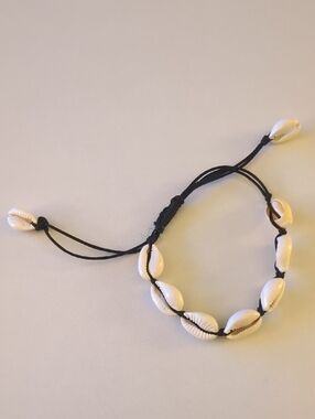 Cowrie Shell Adjustable Bracelet - White Shells on Black Cord